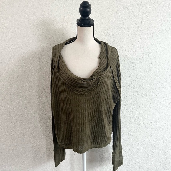 WE THE FREE Olive Green Distressed Cowl Neck Top Long Sleeve Small Oversized - Picture 1 of 6